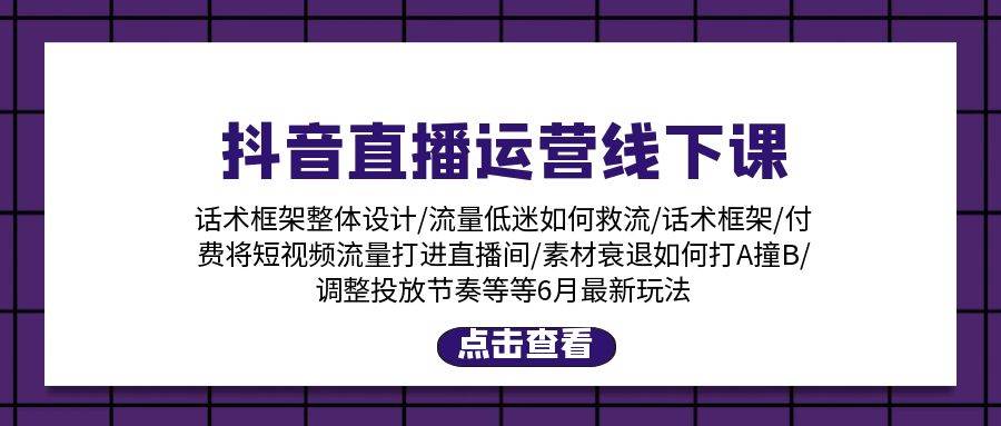 抖音直播运营线下课：话术框架/付费流量直播间/素材A撞B/等6月新玩法-资源大全网