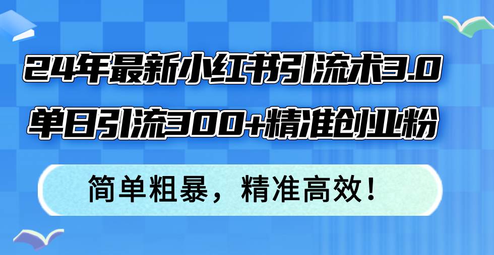 24年最新小红书引流术3.0，单日引流300+精准创业粉，简单粗暴，精准高效！-资源大全网