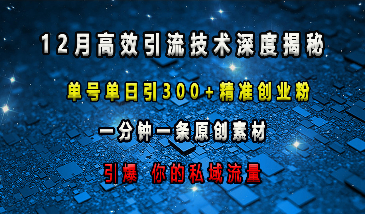 12月高效引流技术深度揭秘 ，单号单日引300+精准创业粉，一分钟一条原创素材，引爆你的私域流量-资源大全网