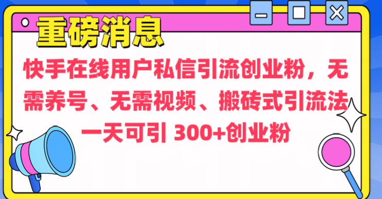 通过给快手在线用户私信引流创业粉，无需养号、无需视频、搬砖式引流法，一天可引300+创业粉-资源大全网